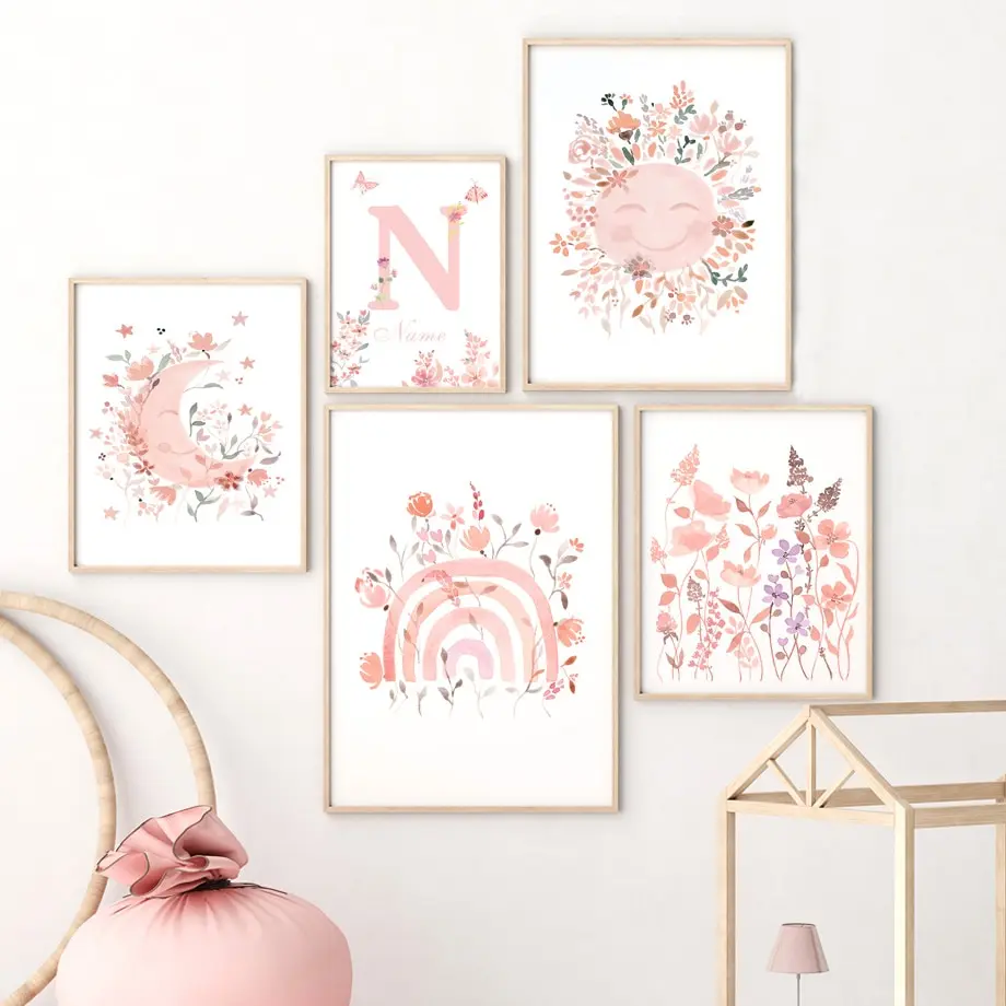 

Rainbow Wildflower Sun Moon Bird Butterfly Personalized Name Posters Of Wall Art Canvas Prints Picture Pink Baby Kids Room Decor