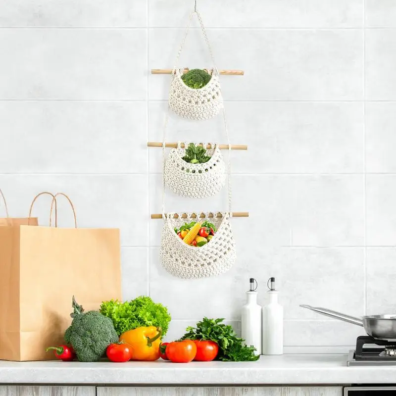 

Hanging Baskets For Kitchen Woven Cottons Baby Nursery Storage Holder 3 Tier Multifunctional Storage Net Bag For Kitchen