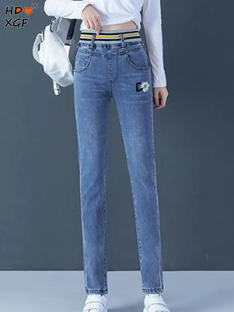 

Casual Embroidered Letters Oversized Jeans For Womens Korean Fashion High Waist Stretch Skinny Trousers Vintage All-match Jeans