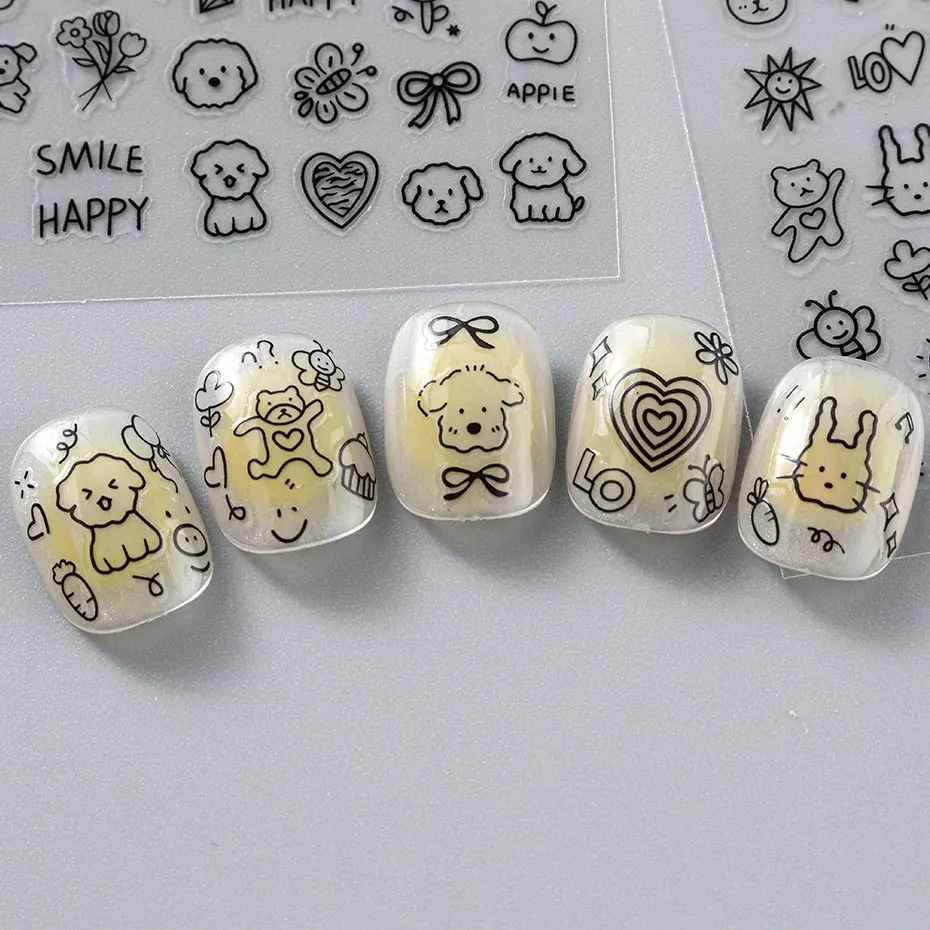 4pcs Cartoon Cute Cat Nail Art Sliders 3D Graffiti Dog Rabbit Heart Star Nail Sticker Kawaii Flower Butterfly Bow Manicure Decal 6