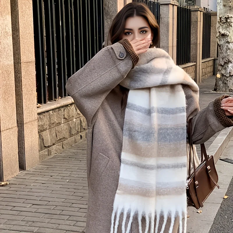 Available Autumn and Winter Elegant Color-Block Women'S Warm Scarf, Thick Striped Shawl with Tassels, Ideal for Outdoor Use