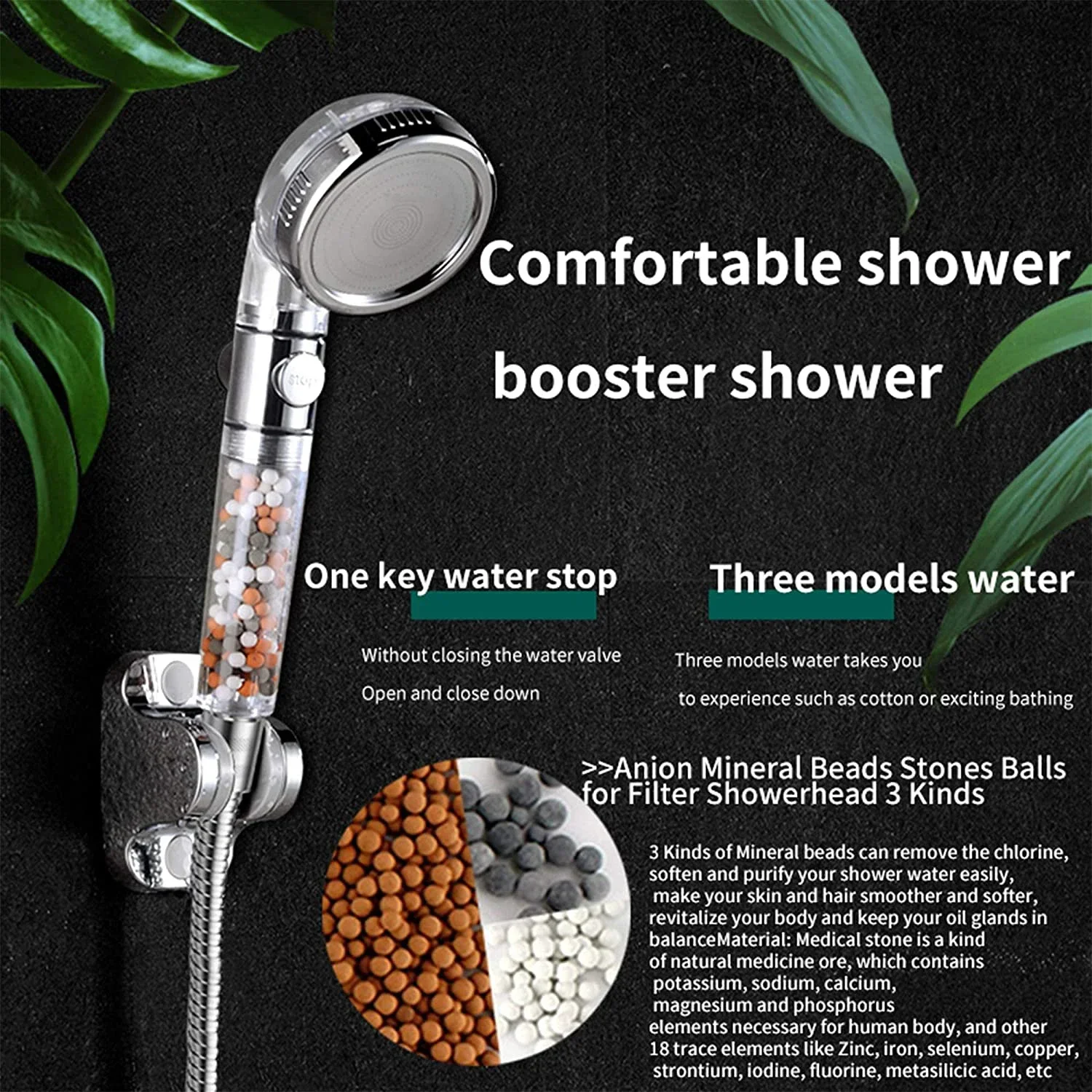 Bathroom 3 Modes High Pressure Adjustment Ionic Mineral Anion on/Off Switch Button Water Saving Handheld Shower Head  Accessory 2