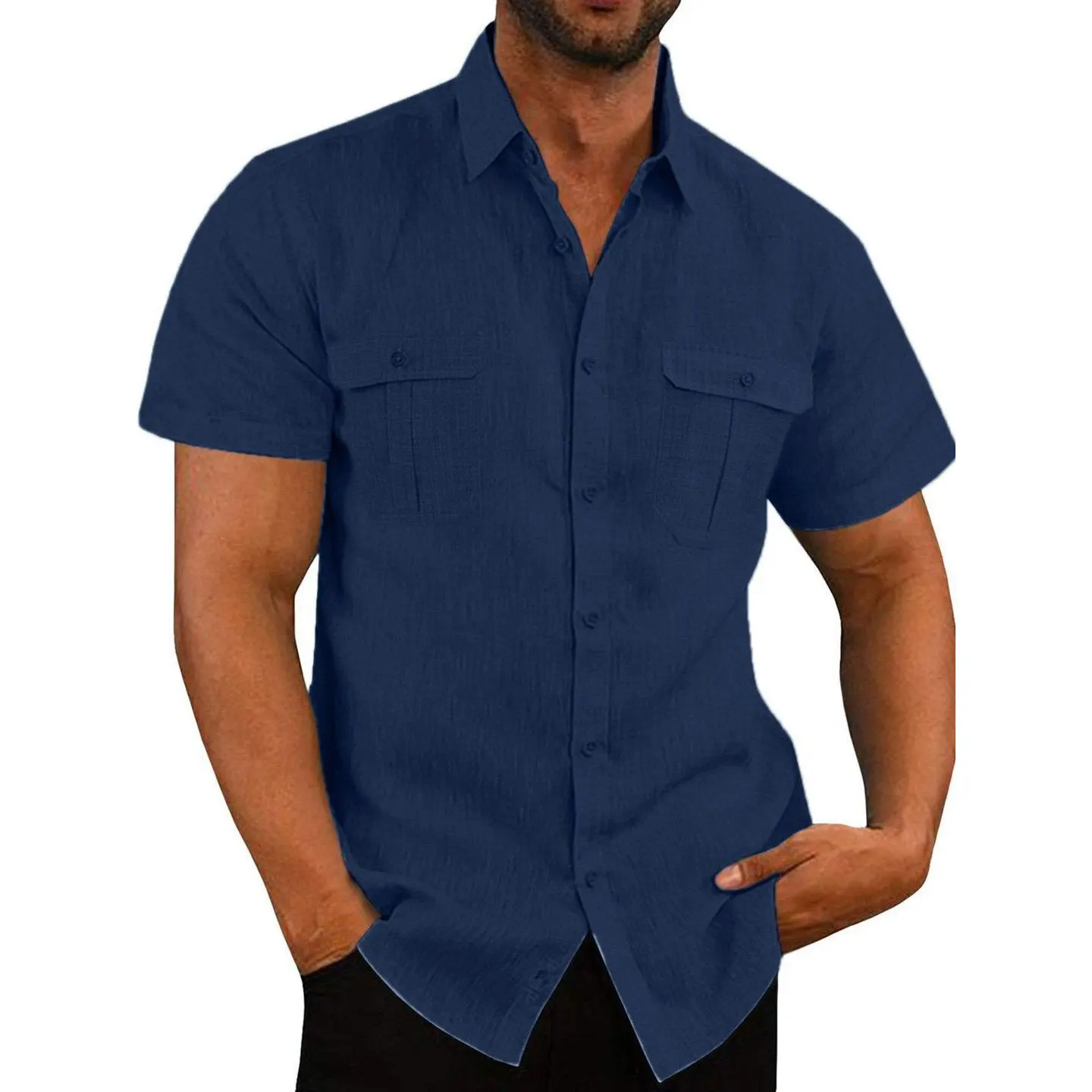 

Men's Double Pocket Cotton Linen Short Sleeve Shirts men-s-top Navy