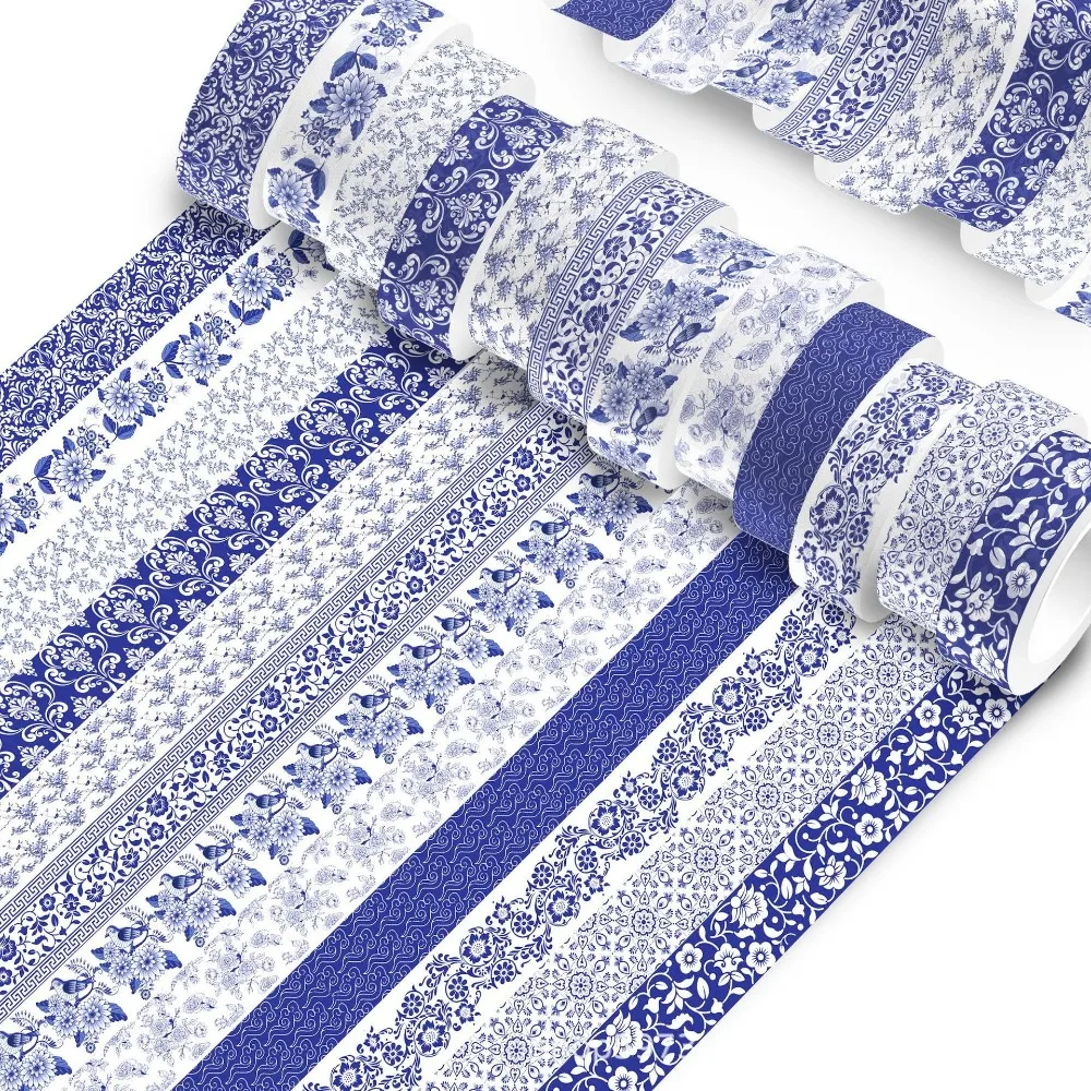 12 Roll/Set 1.5cm Wide Washi Tape Chinoiserie Design Adhesive Masking Tape Blue and White Porcelain Decor Stickers