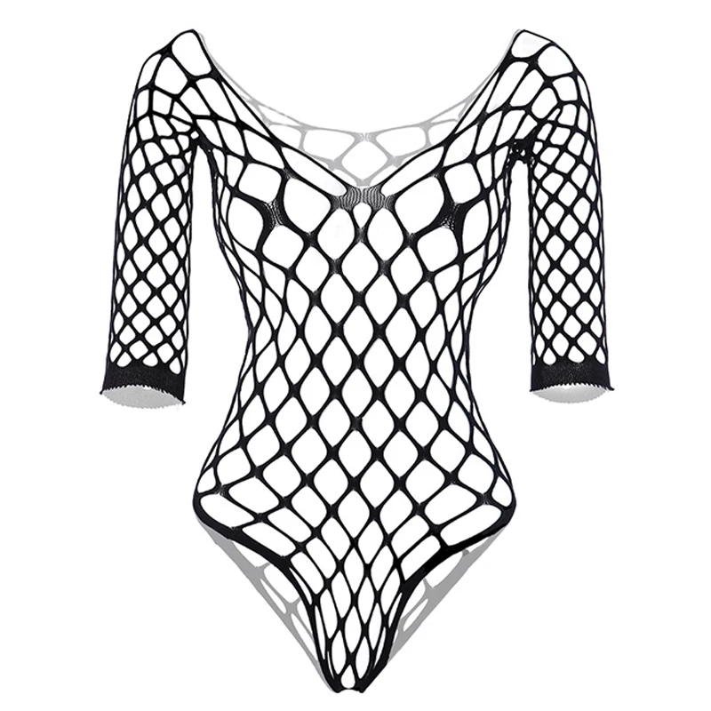 Female Lingerie Bikini Long Sleeve Body Suits Sexy Women Summer Big Mesh See Through Fishnet Bodysuits Plus Size