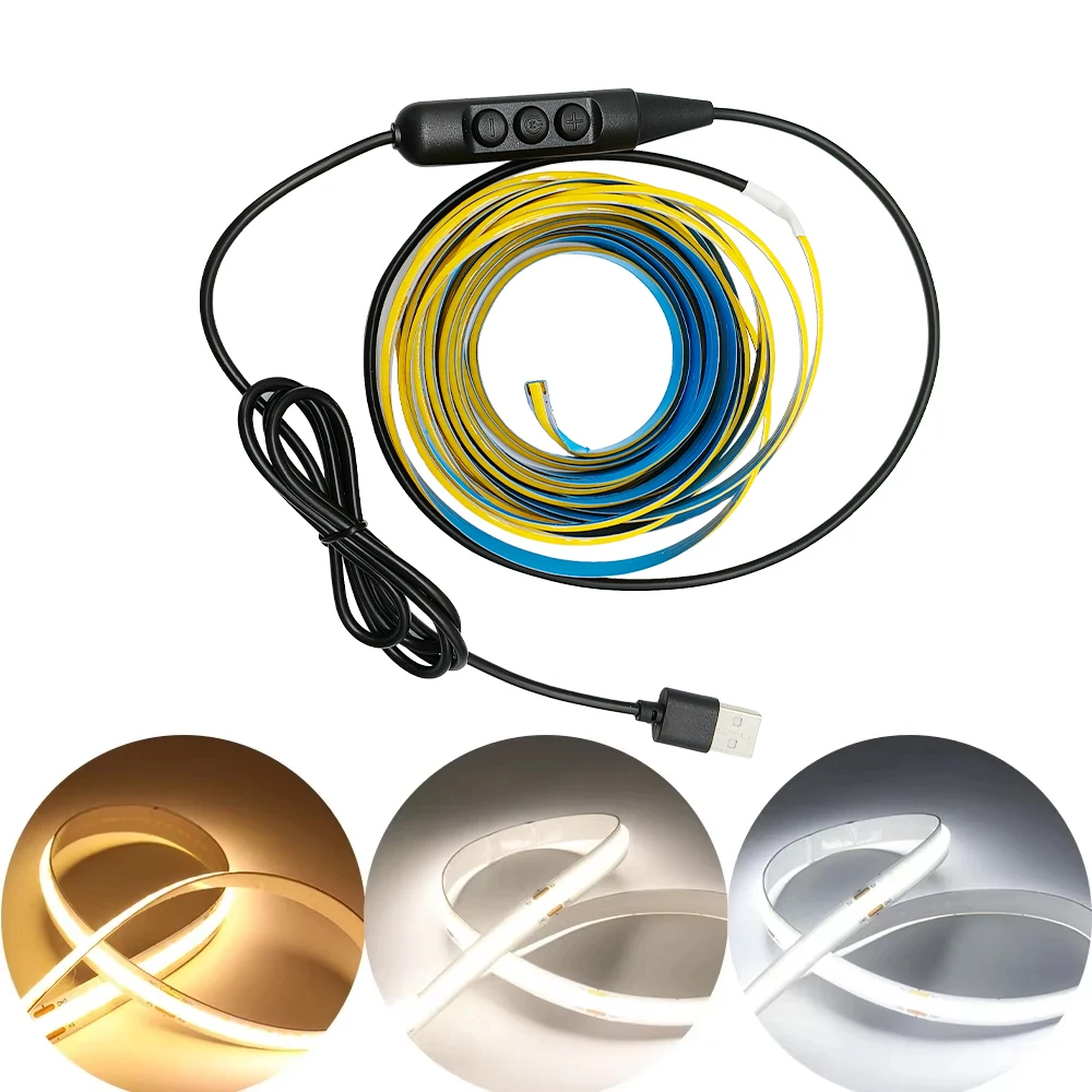 5V USB COB LED 스트립 라이트 320Leds/M 디밍 스위치 포함 따뜻..