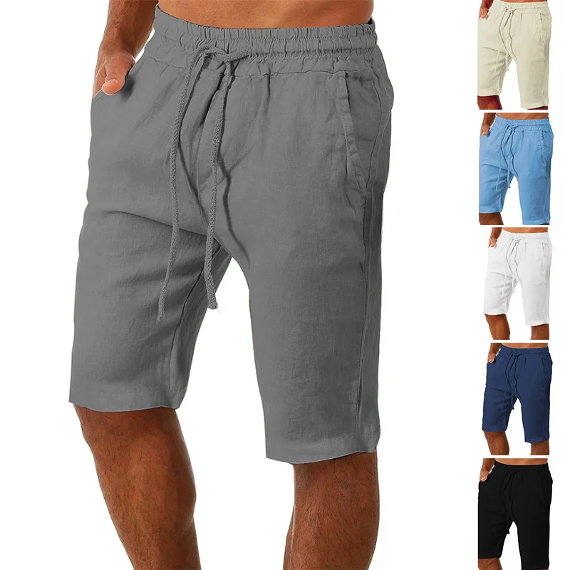 Men Cotton Linen Shorts Loose Sport Beach Shorts Summer Men Casual Cargo Shorts soild Gym Shorts Pocket Sweatpants Male Clothing 5