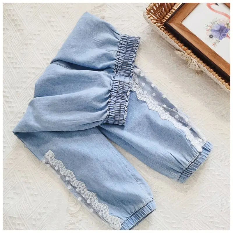 

Spring Summer Girls Thin Lace Jeans Elastic Waist All-match Children's Denim Trousers Baby Casual Loose Girl Breathable Jeans