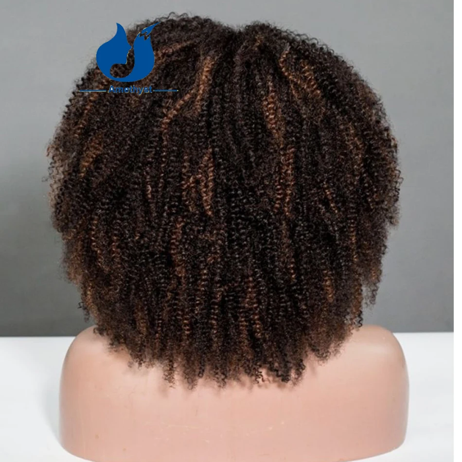 자수정 하이라이트 아프로 킨키 컬리 인간의 머리카락 뱅 가발 두피 탑 전체 기계 제작 가발 브라질 레미 코일리 텍스처 밥