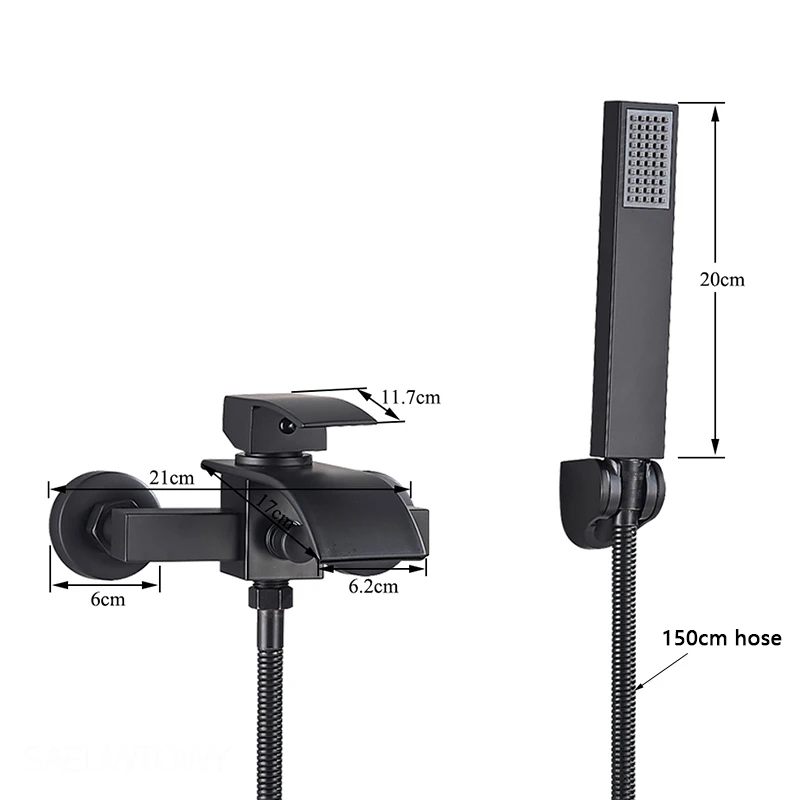 Shinesia Black Bathroom Faucet Waterfall Concealed Bathtub Faucets Wall Mounted Shower System Tub Tap With Plastic Hand Shower 2