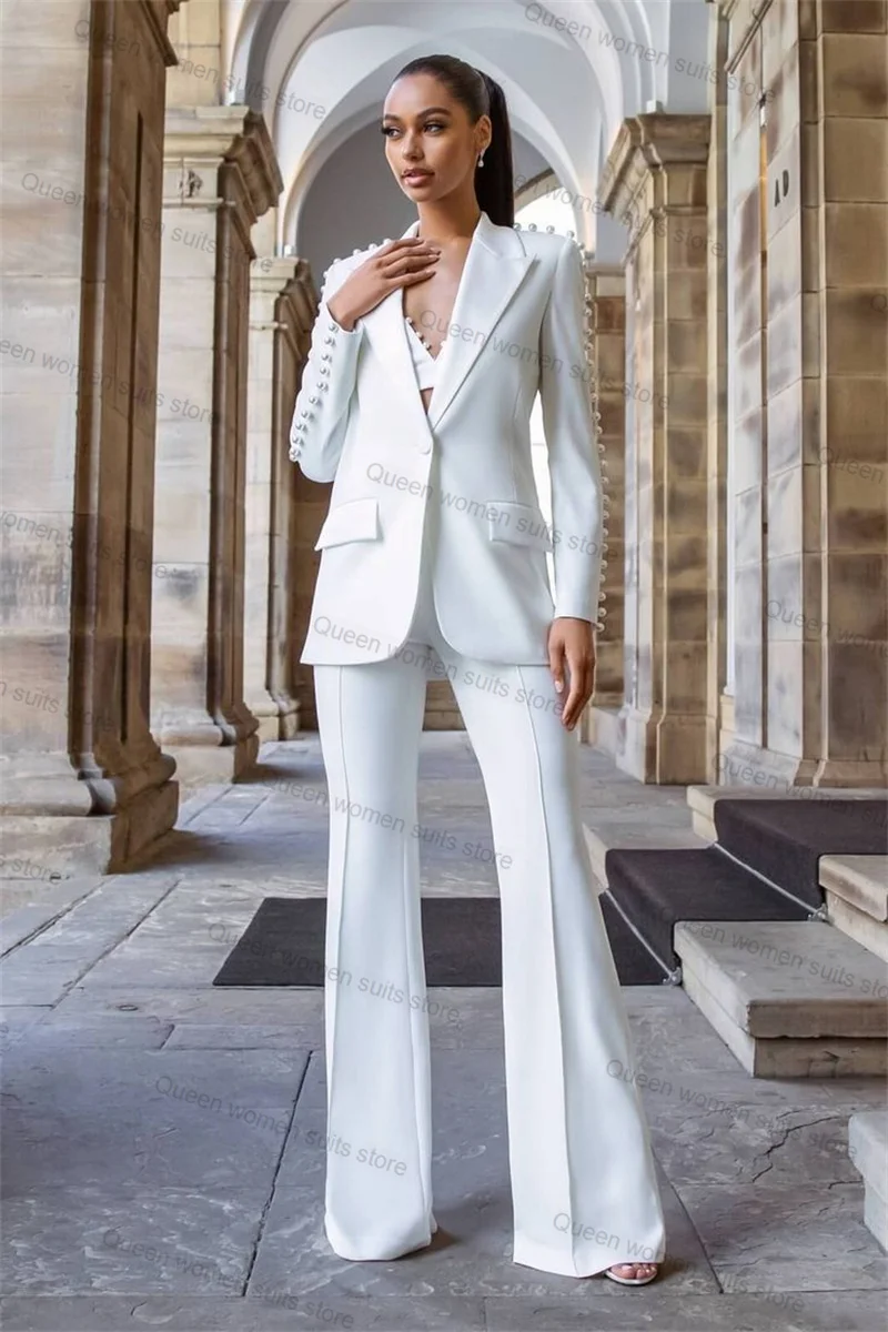 

White Pearls Women Suit Set 2 Piece Blazer+Pants Luxury Wedding Tuxedo Formal Office Jacket Tailored Coat Trousers Prom Dress