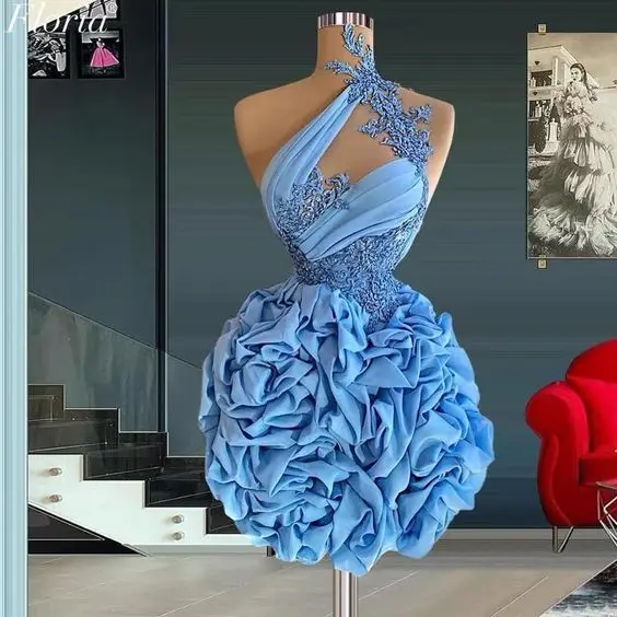 Sky Blue Short Prom Party Dresses Robes De Cocktail One Shoudler Lace Applique Ruffles Pleated Mini Evening Gown