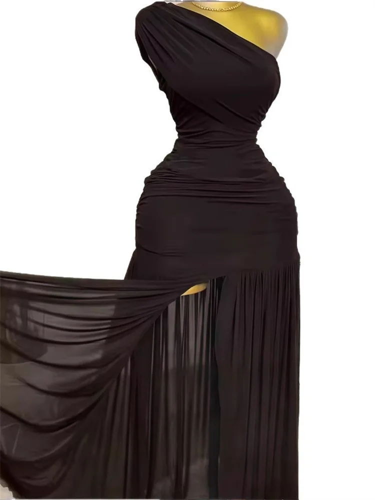 Wmstar Long Dresses for Women 2025 New Solid Color Sleeveless Skew Neck Pleated Slim Slit Maxi Dress Wholesale Dropshipping