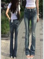 Gothic Buddha Head Womens Jeans Y2K Clothes Hip Hop Pocket Embroidery Vintage Blue Baggy Jeans Low Waist Wide Leg Trousers - Image 2