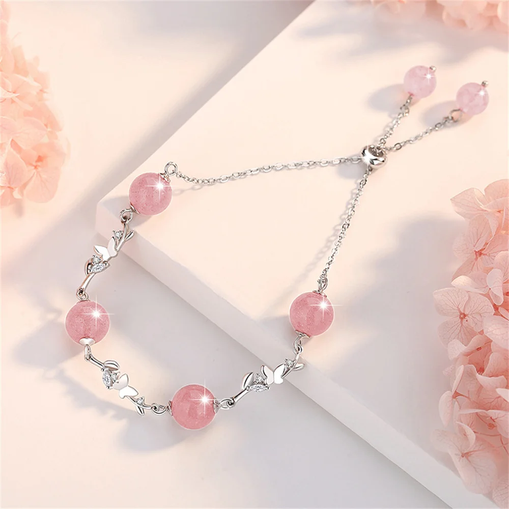 Charm Bohemia 925 Sterling Silver Fashion Pink Natural Bead Strawberry Crystal Chain Butterfly Bracelet For Women Trendy Jewelry