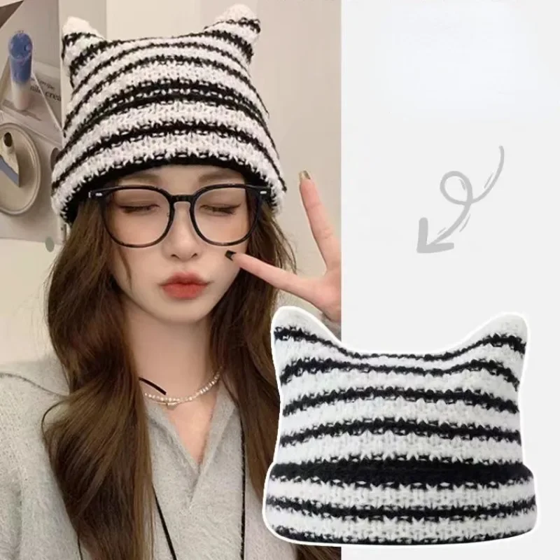 Japanese Streetwear Harajuku Beanie Little Devil Striped Knitted Hat Women Girls Autumn Winter Cute Cat Ears Cap