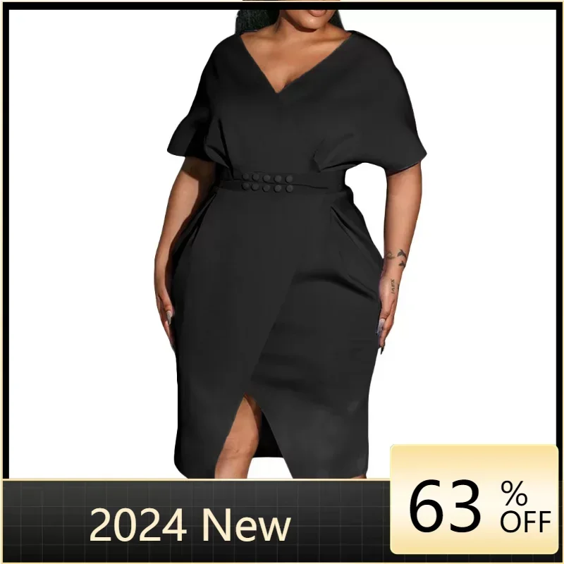 

Women Autumn Dress Ladies Casual Big Size Slim Office Dress Retro Elegant V-Neck High Waist Printed Short Sleeve Party Dress