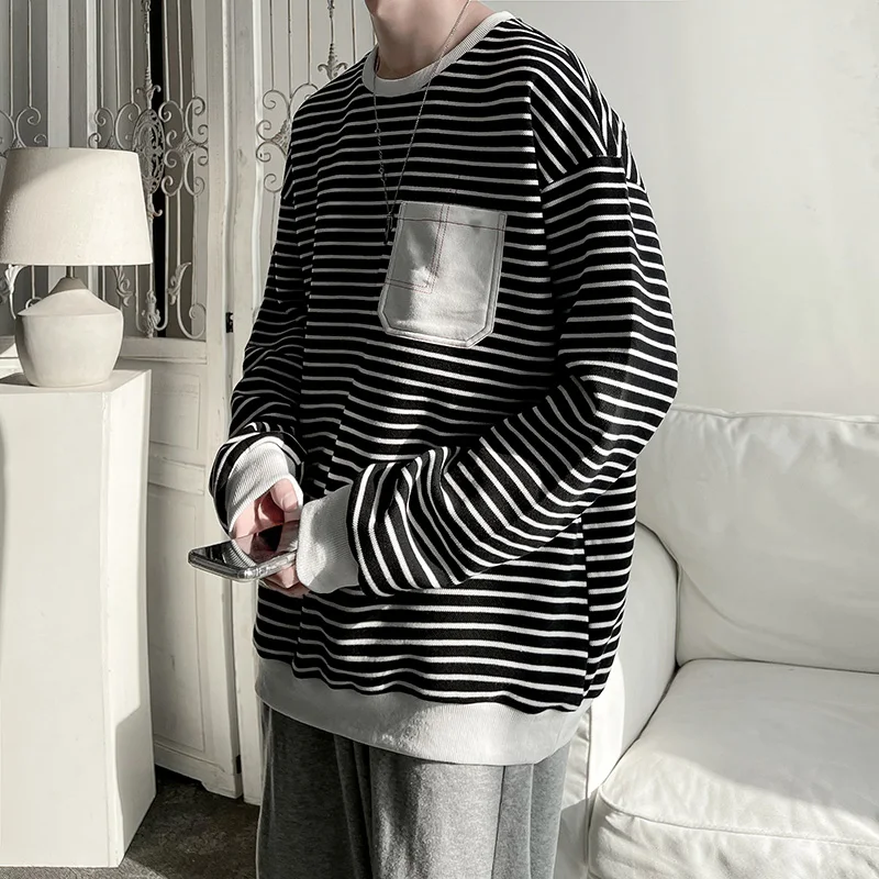 Fashion O-Neck Spliced Korean Striped Sweatshirts Men's Clothing 2024 Spring Summer New Loose Casual Tops All-match Sweatshirts