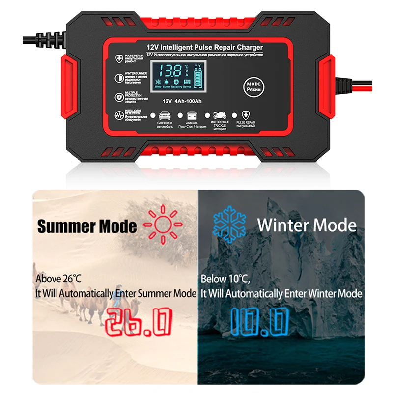 Car Battery Charger 12V 6A Pulse Repair LCD Display Smart Fast Charge AGM Deep Cycle GEL Lead-Acid Charger For Auto Motorcycle 4