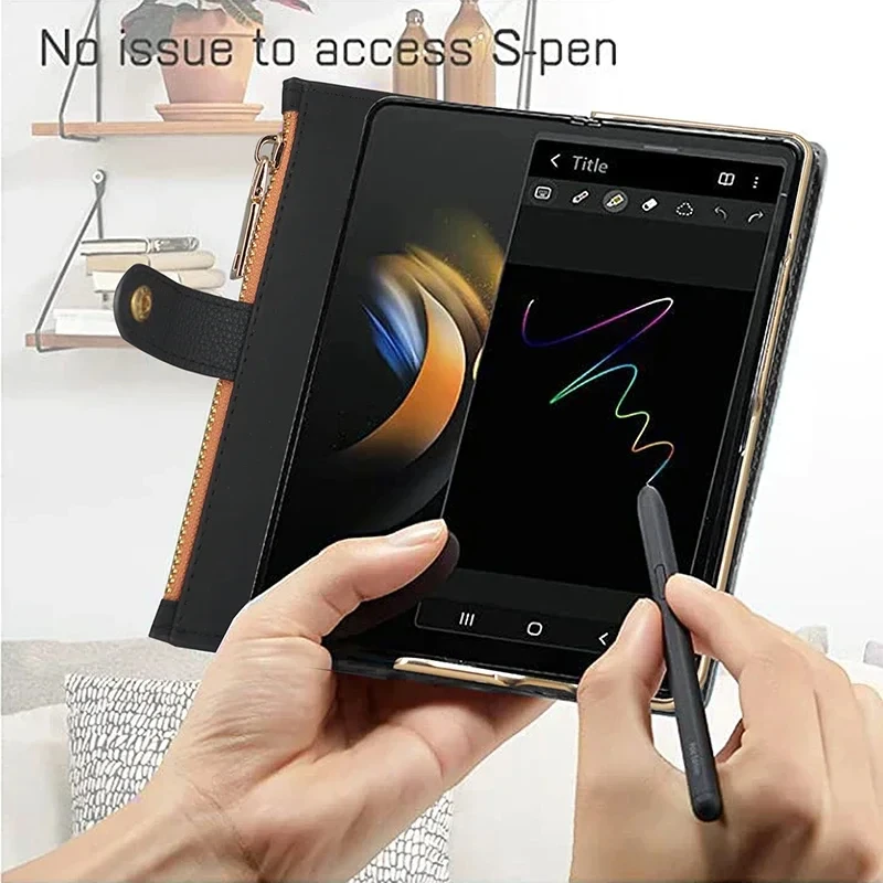 Leather Wallet Case For Samsung Galaxy Z Fold 4 3 5 ZFold4 ZFold3 ZFold5 With Pen Holder Card Slot Zipper Flip Cover
