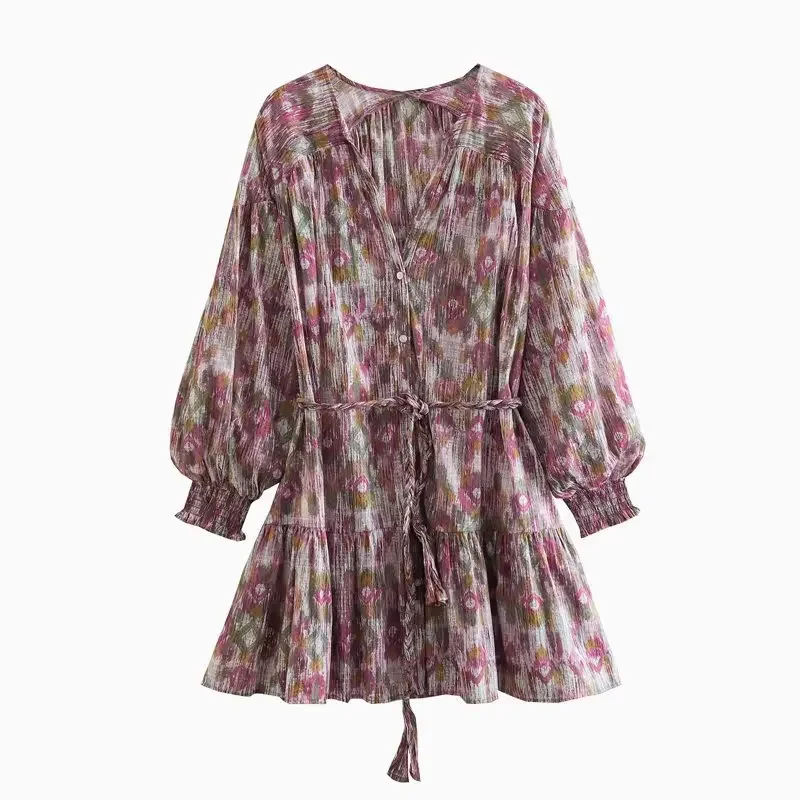 

TEELYNN Vintage Deep V Neck Lantern Sleeve Women Dresses Casual Floral Printed Lace Up Loose Short Dress Ladies Mini Vestidos