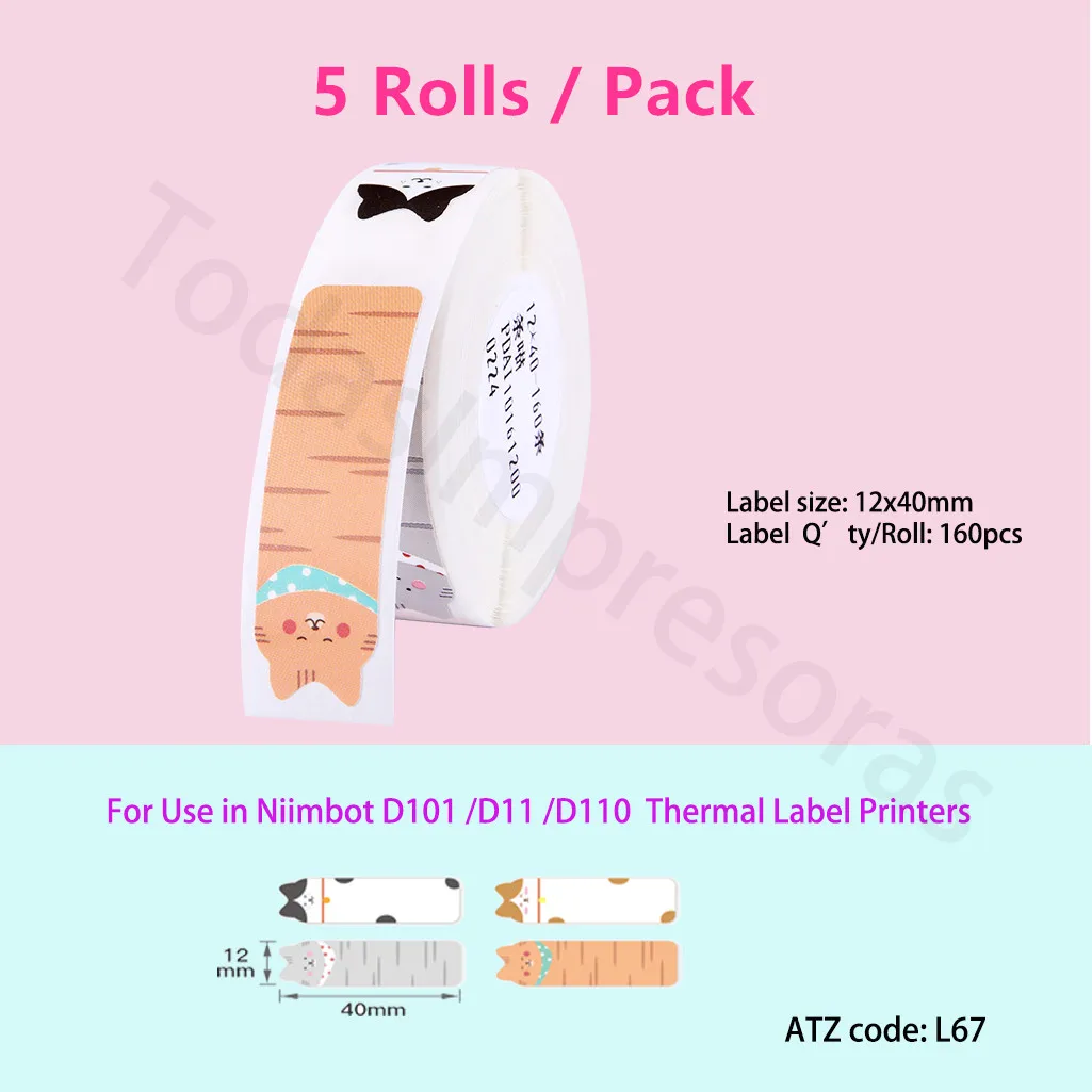 Niimbot D11 D110 D101H1S 프린터용 방수 스티커 용지, 오리지널 핑크, 12x40mm, 5 롤