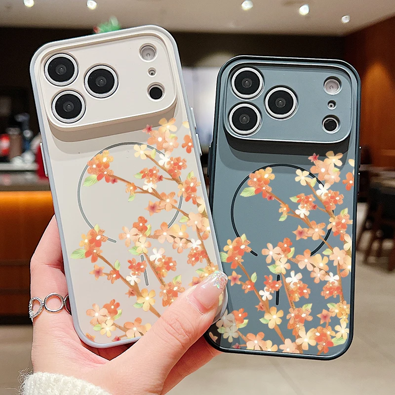 Magnetic Orange Floral Phone Case with Lens Protection & Wireless Charging Compatibility