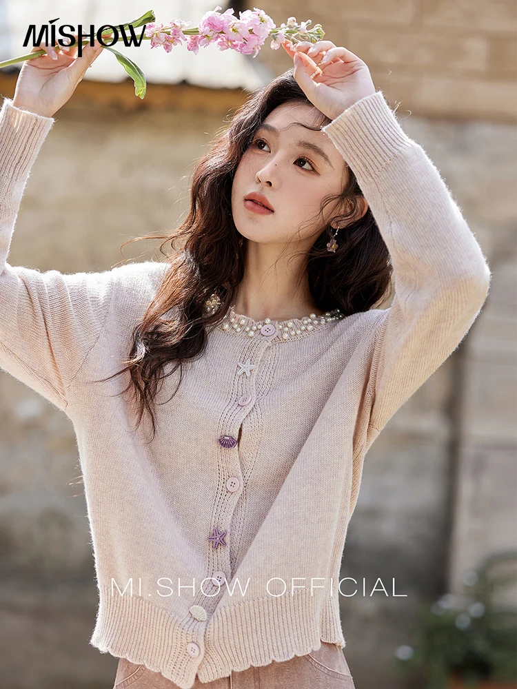 MISHOW Pearl Lace Collar Knitted Cardigan for Women Spring Drop Shoulder Sleeves Soft Top Contrasting Button Sweaters MXE16Z1169 1