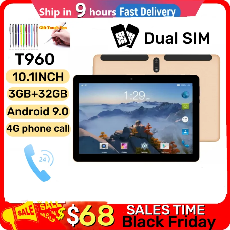 Type-C 3GB RAM+32GB ROM 10.1''  T960 Android 9.0 Tablet PC 4G Phone Call MTK9863 Dual SIM Card Slot Dual Camera Quad Core 2