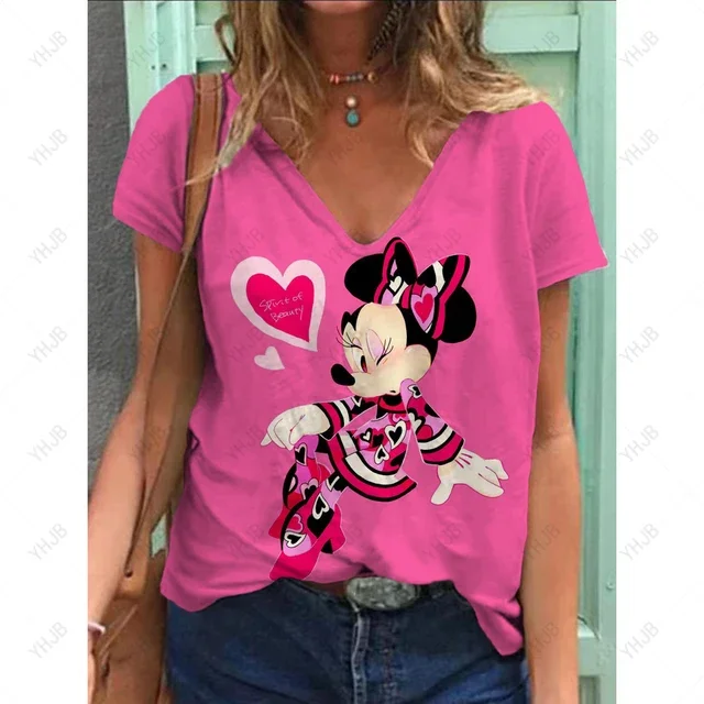 thumbnail image 1 of Camiseta holgada informal de verano con estampado de Mickey Mouse de Disney para mujer, camiseta básica con cuello en V y estampado gráfico, ropa de talla grande con estampado 3D, 1 of 5