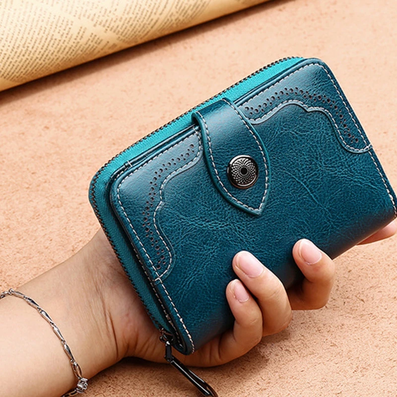 Women Retro Leather Wallet RFID Blocking Female Short Card Holder Coin Purse