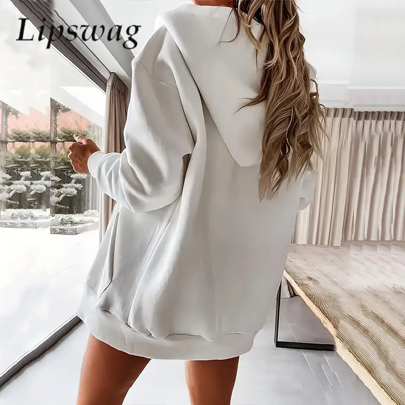 

Y2K Solid Color Fashion Pocket Hooded Outwear Casual Loose Women Sweatshirt Coat Autumn Winter Long Sleeve Zip-up Cardigan Tops