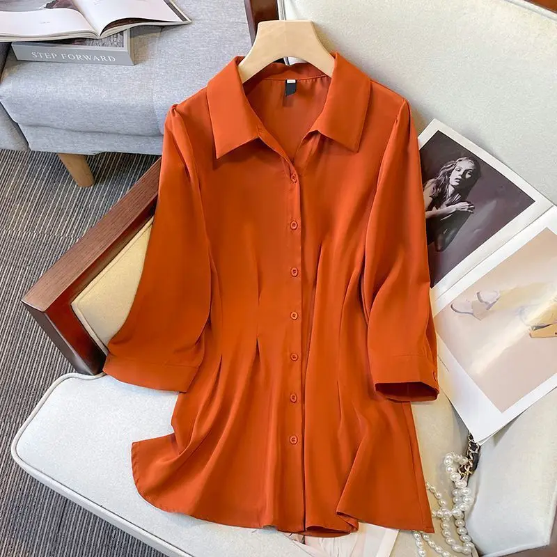 Office Lady Solid Loose Casual Half Sleeve Shirts Summer Simple Basic Chffon Blouse 2023 New Korean Young Style Button Cardigan