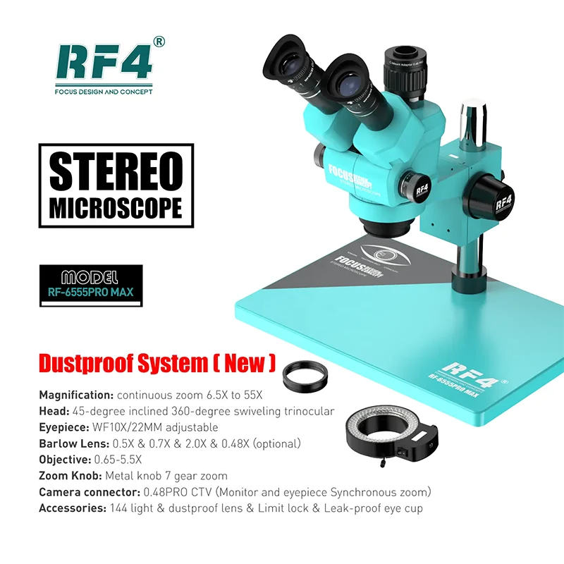 

Тринокулярный Стерео микроскоп RF4 RF6555Pro Max с синхронным зумом 6,5-55X с основой из алюминиевого сплава для ремонта печатных плат и поверхностного монтажа