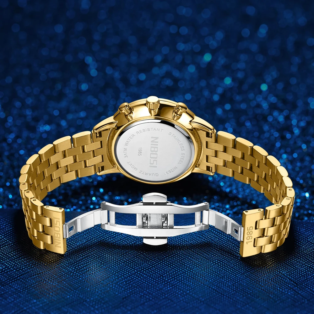 NIBOSI Mens Watches Brand Luxury Gold Stainless Steel Chronograph Quartz Watch for Men Sports Wristwatches Relogio Masculino
