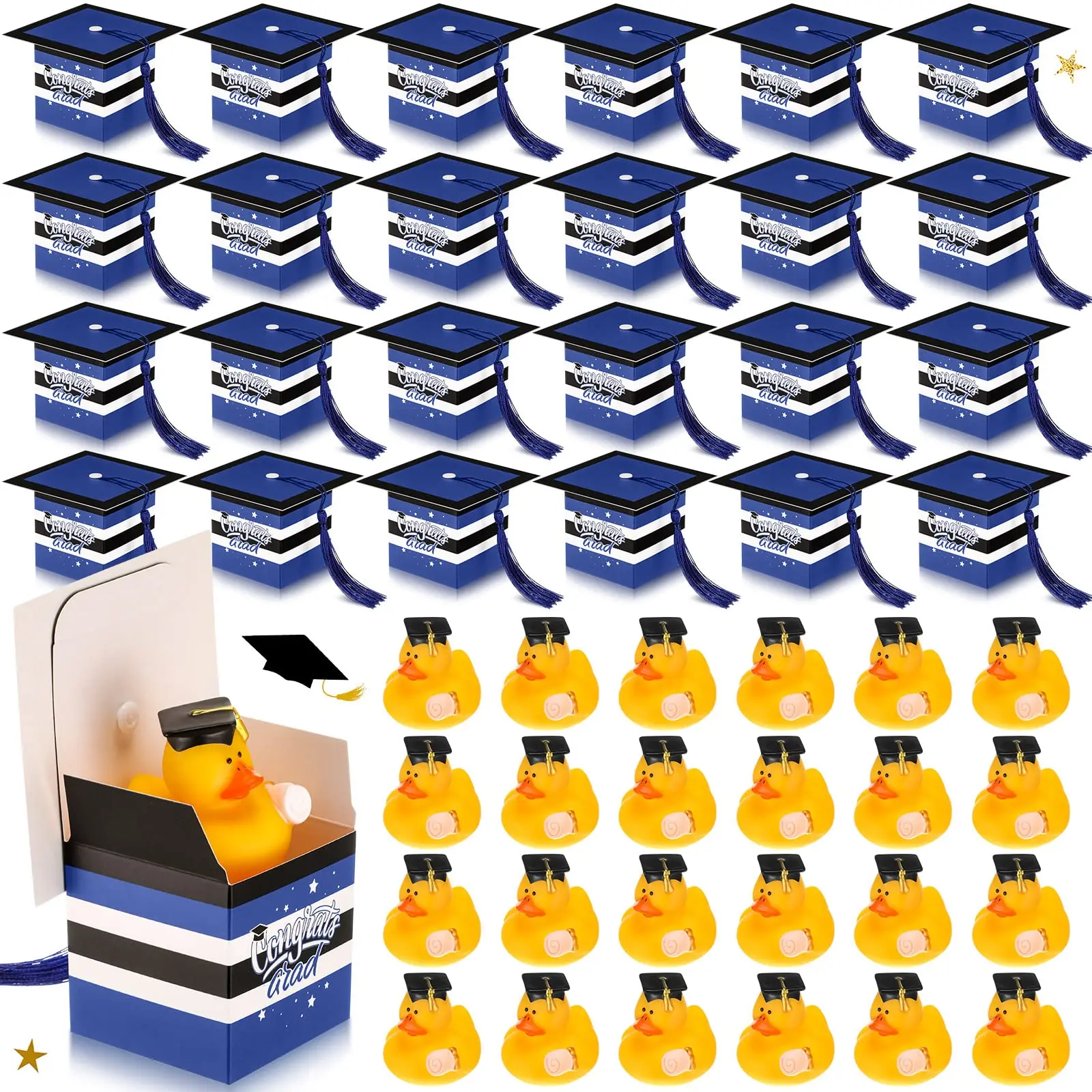 24sets Graduation Rubber Ducky Toy with Grad Cap Gift Boxes Grad Party
