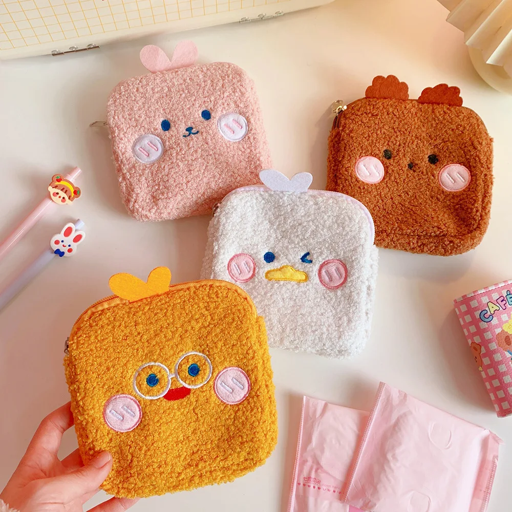 Mini Women Toiletry Pouch Cute Portable Cartoon Cosmetic Bags Sanitary Napkin Bags Plush Rabbit Bear Purse Zipper Coin Wallet glittery starry style laser carving zipper wallet stand leather phone case for iphone 13 mini 5 4 inch purple