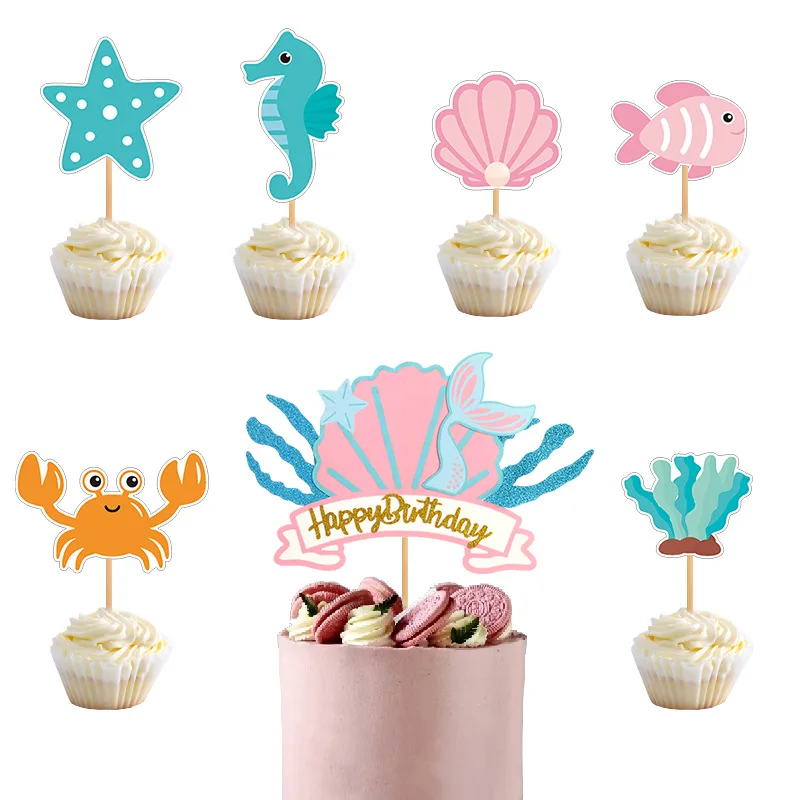 Decorazione per torta a sirena Tema oceano Toppers per torta di buon compleanno per ragazze Fornure per feste per baby shower Toppers per cupcake per feste a sirena  15