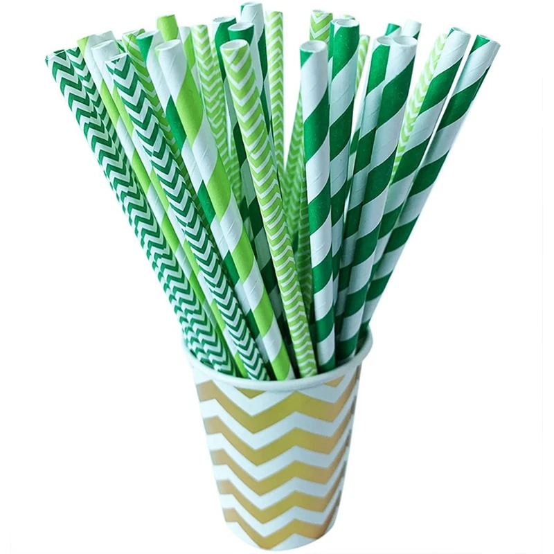 

200 Pcs Reusable Paper Straws, Green Striped Straw For Mason Jar, Glass, Birthday, Wedding, Christmas, Baby Shower