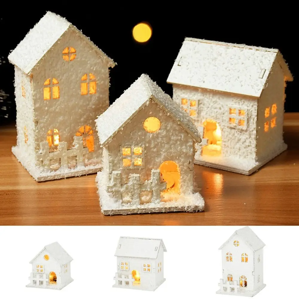 

White Christmas LED Light Wooden House Ornament with Snowflake Luminous Glowing Castle Mini Home