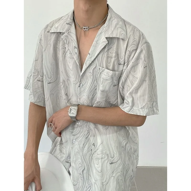 

Vintage Cuban Collar Wavy Print Short Sleeve Shirt Women Blouse Men Shirts Summer Button Up Shirt Korean Streetwear Casual Shirt