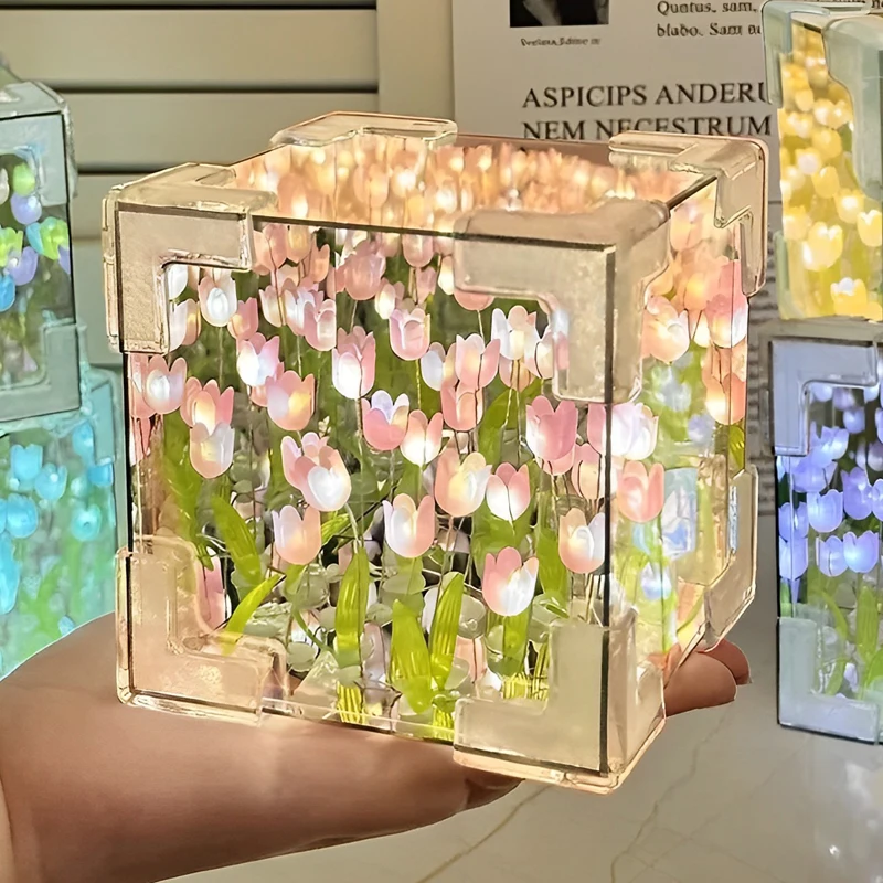 Tulip Night Light DIY Tulip Mirror Cube Lamp Simulation Flower Bedroom Sleeping Table Lamp Handmade Craft Tulips Mirror Night Light Birthday Gift