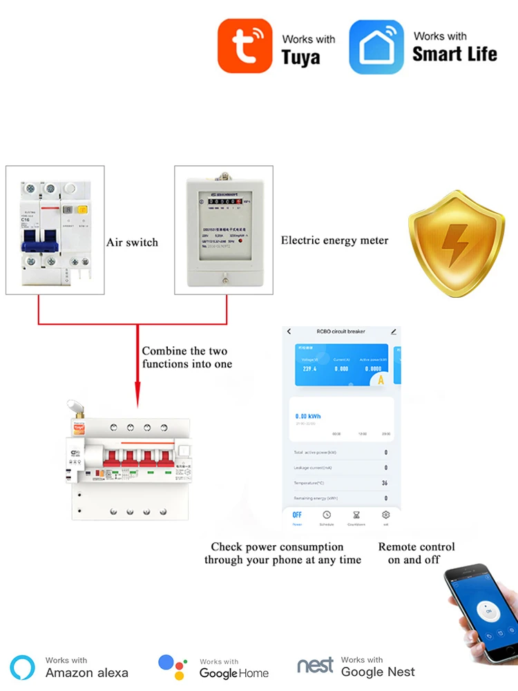 Tuya Smart Life APP RCBO Circuit Breaker with Power Monitoring 4P WiFi RCBO MCB