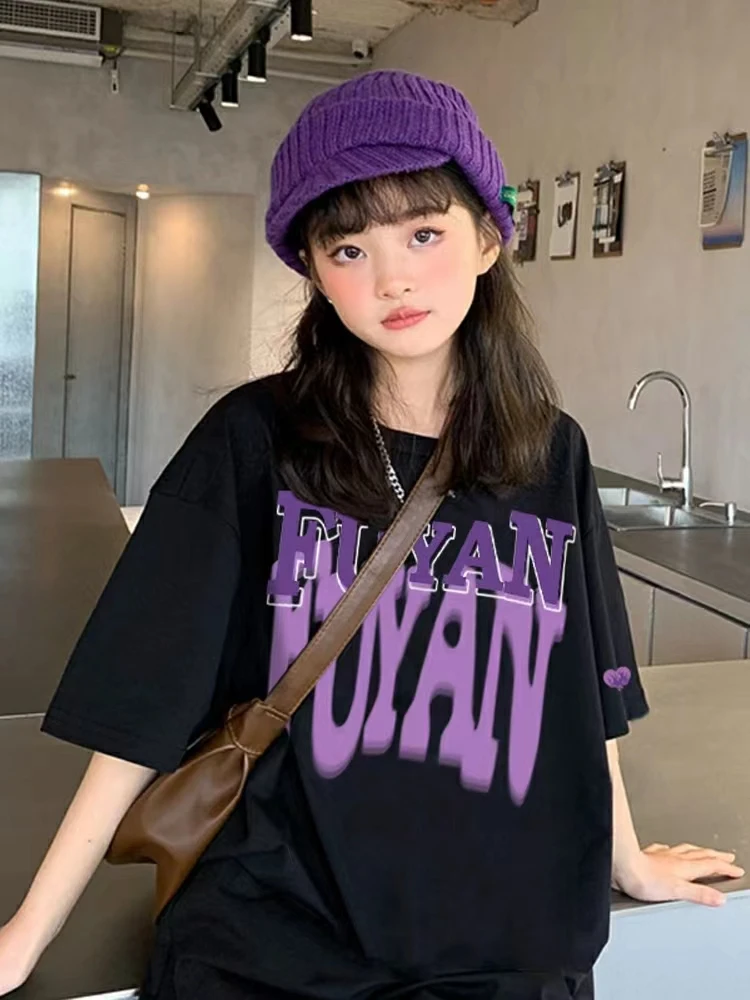 

Girls Letter Print White Black Cool T-shirt children's short sleeved O-neck All-match Casual Oversize Tops