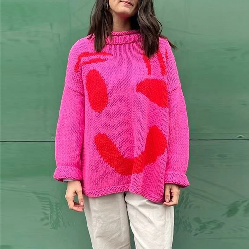 

High Street Smile Print Pullover Knit Casual Women Winter Long Sleeve Jumper Tops 2yk Girls Contract Color Thickness Sweaters