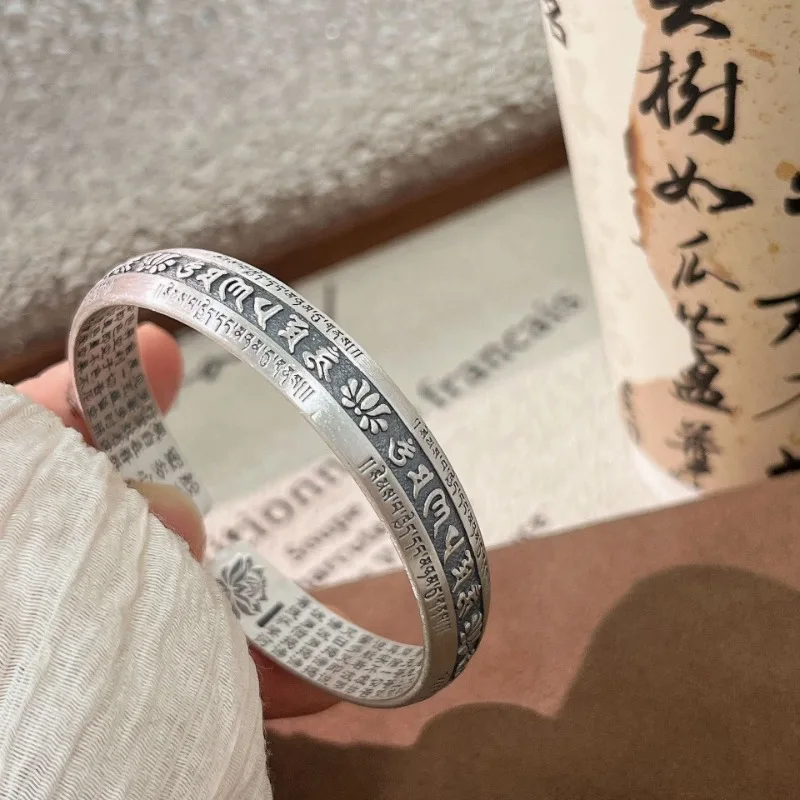 Vintage 925 Argento Intagliato Muslimheart Sutra Lotus Flower Bracciale Sei Caratteri True Words Wide Bangles Jewelry