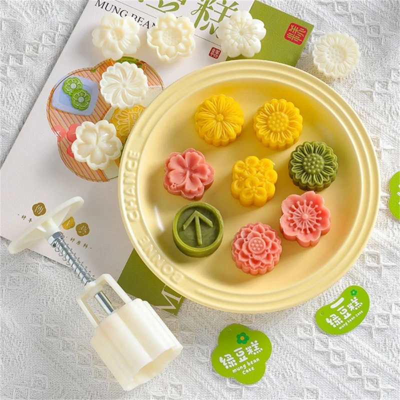 

H7EA Various Mooncake Mold Set Moon Cake Mold with Reusable Stamps (White)