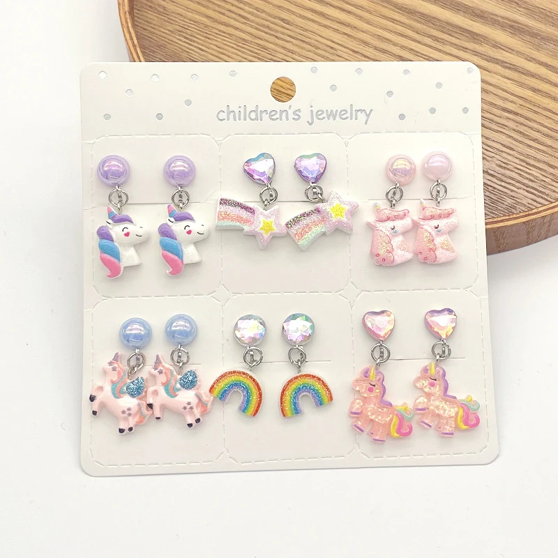 6PRS/SET Unicorn Mermaid Resin Drop Clips on Earrings Girls No Piercing Kids Earring Gift