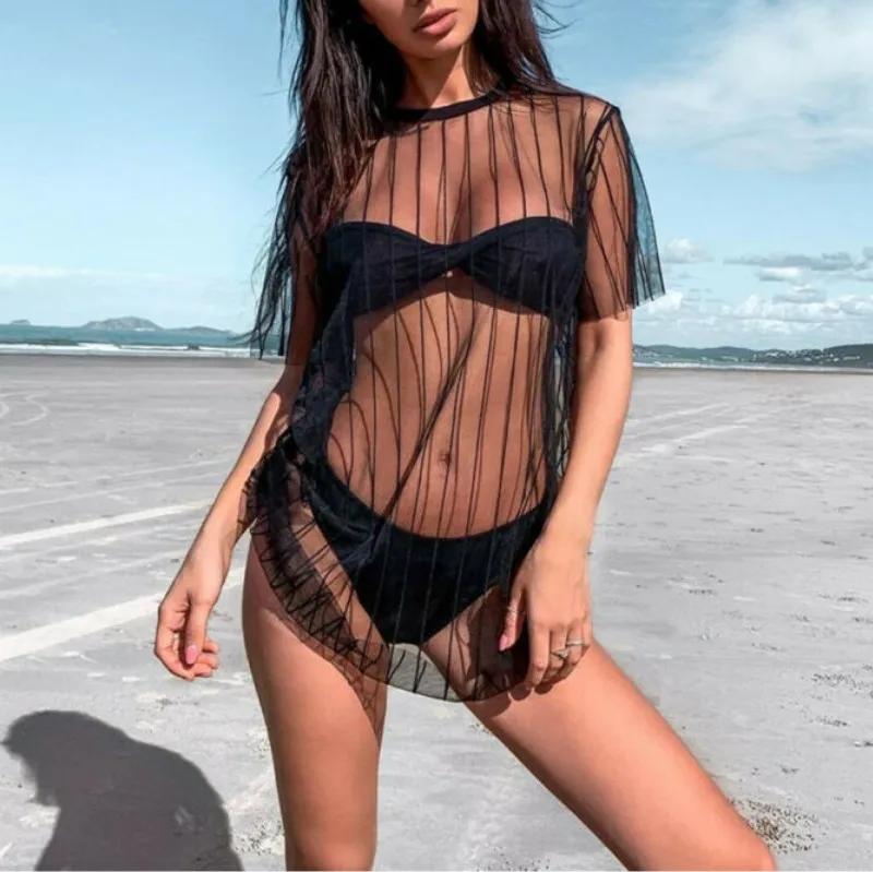 

Women Bikini Cover Up Sexy Mesh See Through Sheer Swimwear Striped Swimsuit Bathing Suit Dress Summer Beachwear Tops Mini Dress