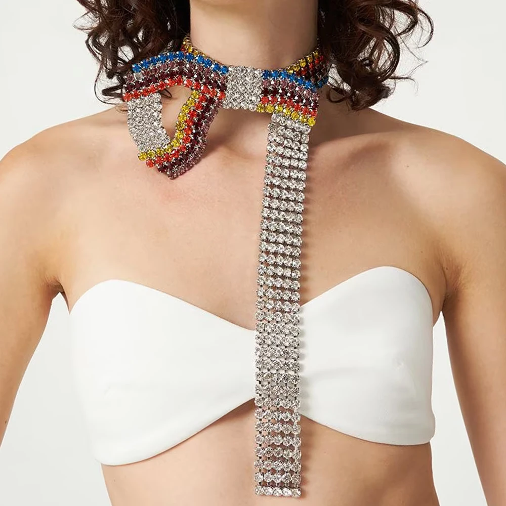 

Stonefans Exaggerate Large Crystal Choker Necklace Bow Jewelry Women Luxury Collar Chain Bling Long Tassel Necklace Party Gift